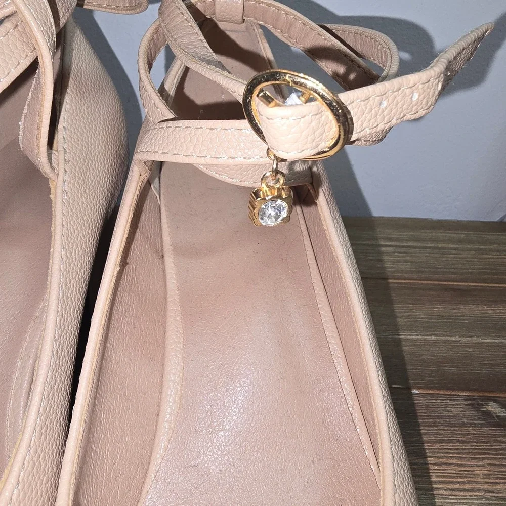 New Nude Pebbled Faux Leather Ankle Strap Block Heel Pumps‎ Rhinestone Charm 39